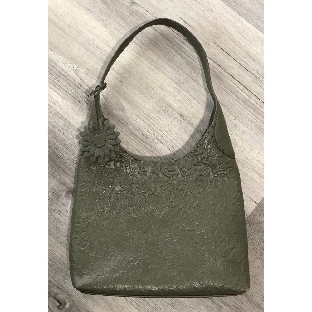 Shoulder Bag Tooled 100% Olive Green Leather Purse Handbag Made in India